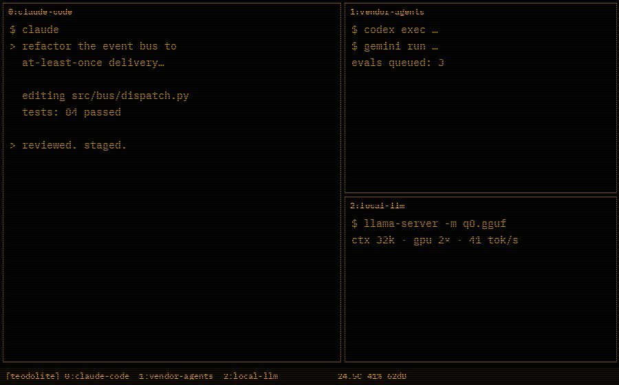 Sessione tmux: claude code, agenti dei vendor, modello locale
